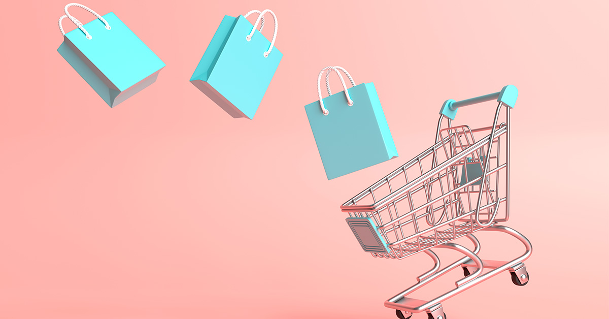 shopping trolley with bags flying out of it