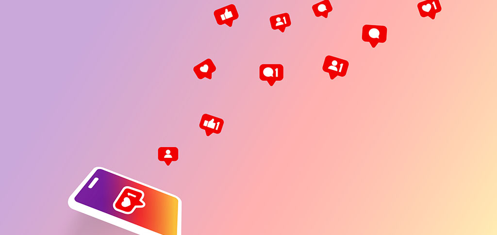 Social networking on Instagram business accounts via social media notification icons. Follow, like and new comment symbols.