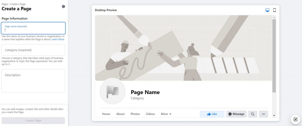 Creating a Facebook business page. Menu > Page > Create a page.