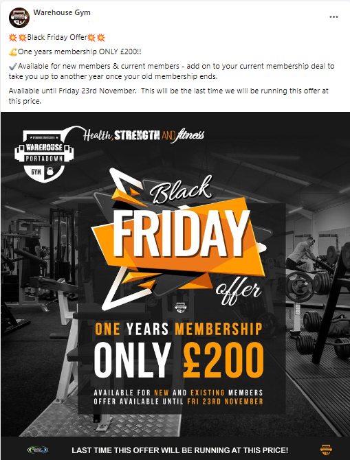 Warehouse gym black friday membership offer