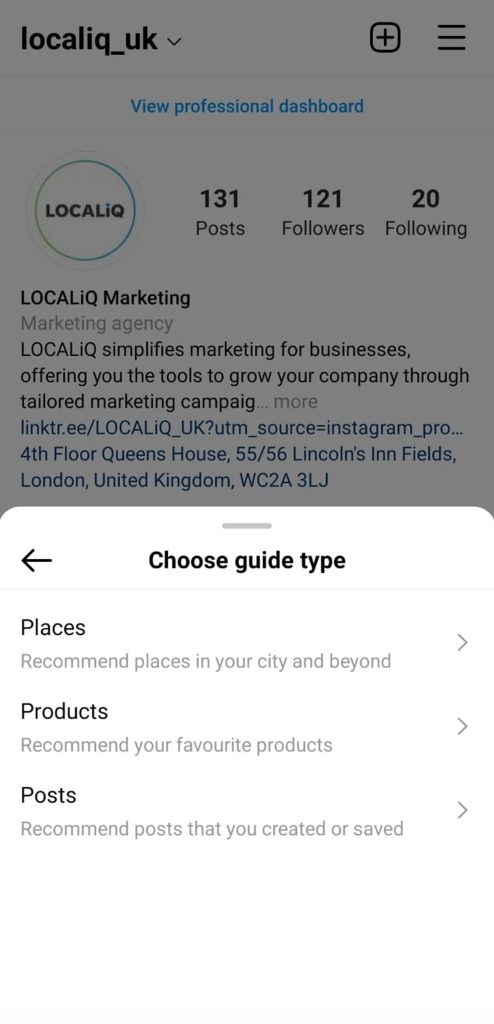 Getting started with Instagram Guides, step three.