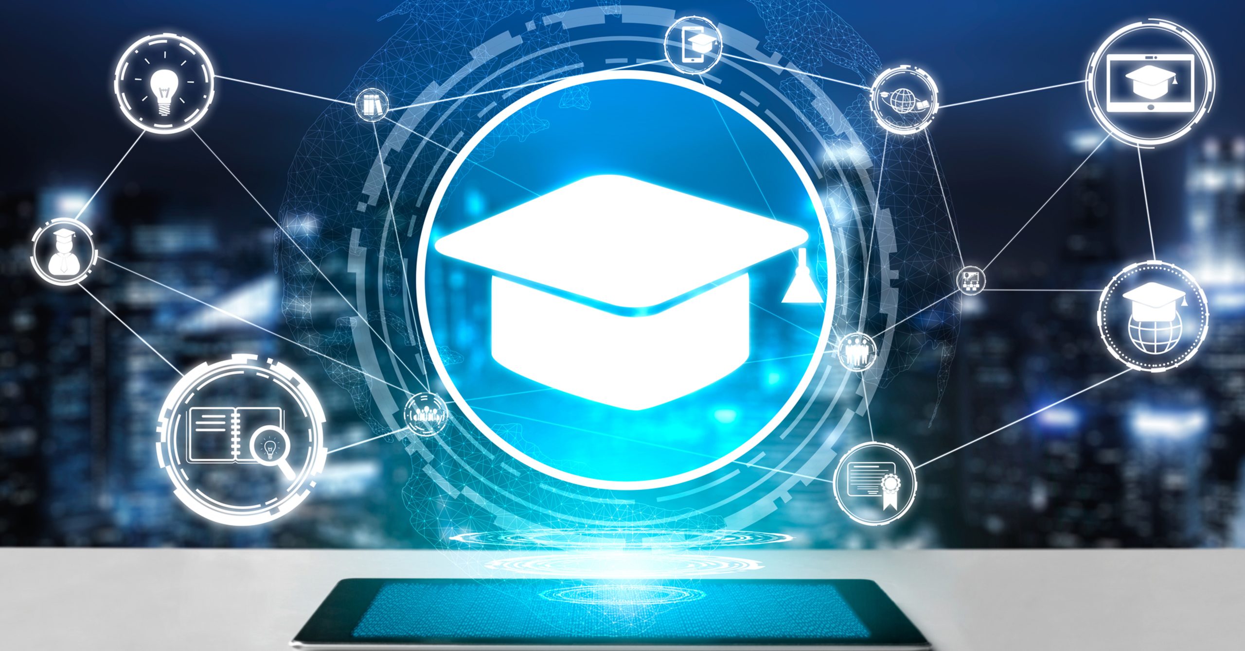 E-learning and Online Education for Student and University Concept. Graphic interface showing technology of digital training.