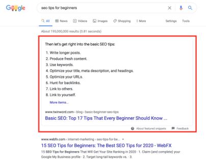 Example of SEO featured snippet