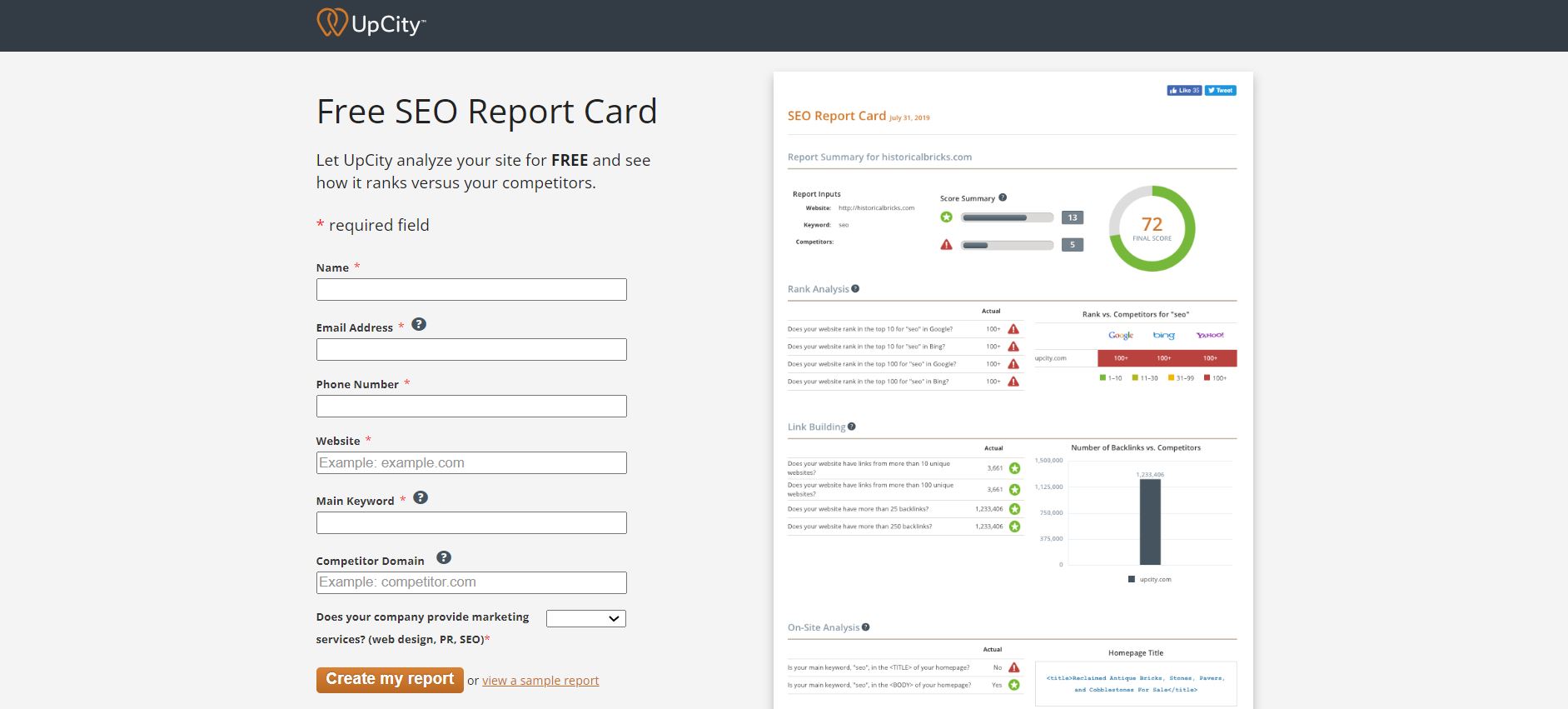 UpCity Free SEO Report Card.