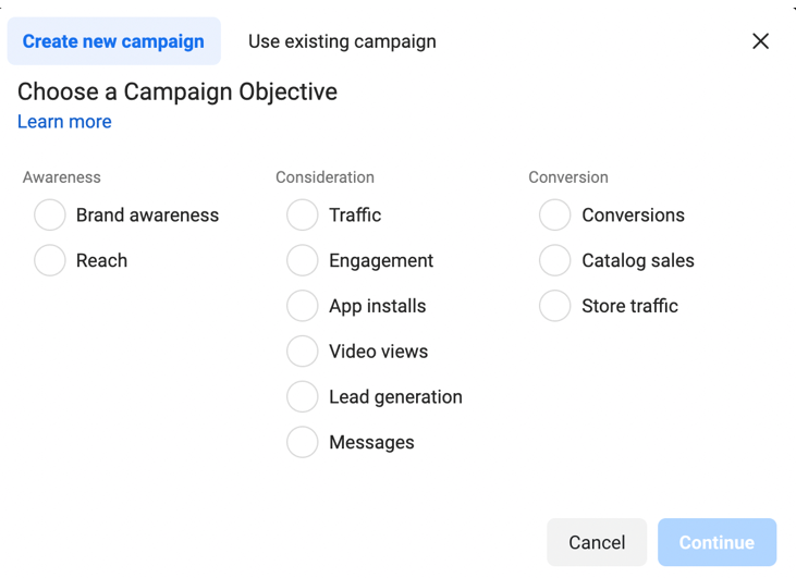 Choose a campaign objective page on Facebook ads