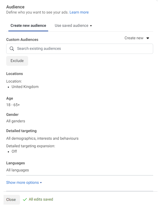Facebook ads audience settings page