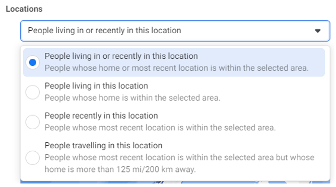 Location targeting options on Facebook