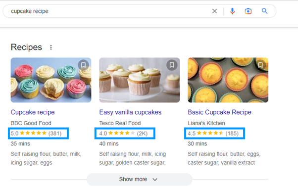 image of cupcake recipe with rich snippet reviews