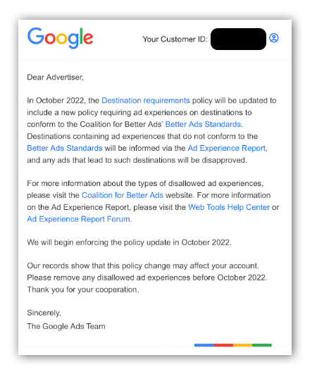 The Google Ads destination requirements policy update email