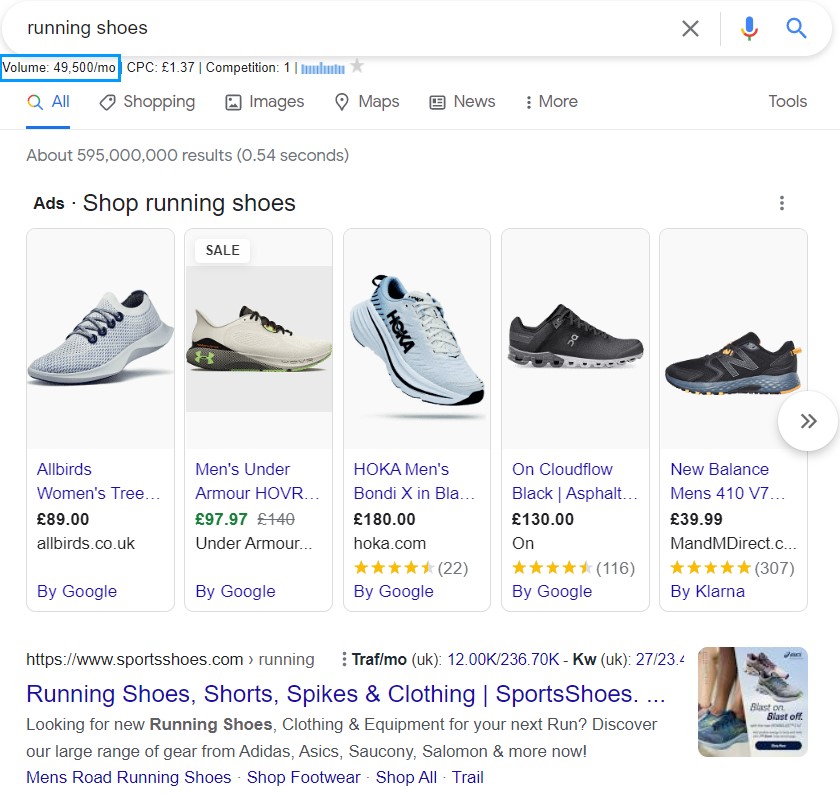 Google screenshot showing trainers and a search volume of 49,500
