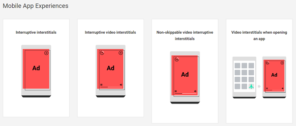 Least preferred mobile app destination experiences that fall under the Better Ads Standards