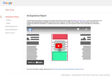 Screenshot of the Google’s Ad Experience Report page
