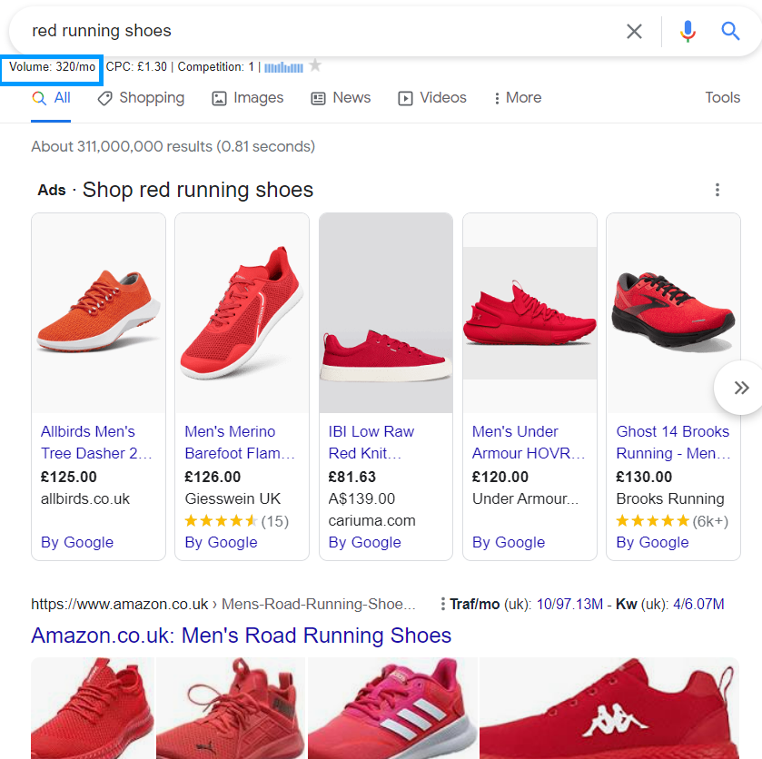 Google screenshot of red trainers with a search volume of 320