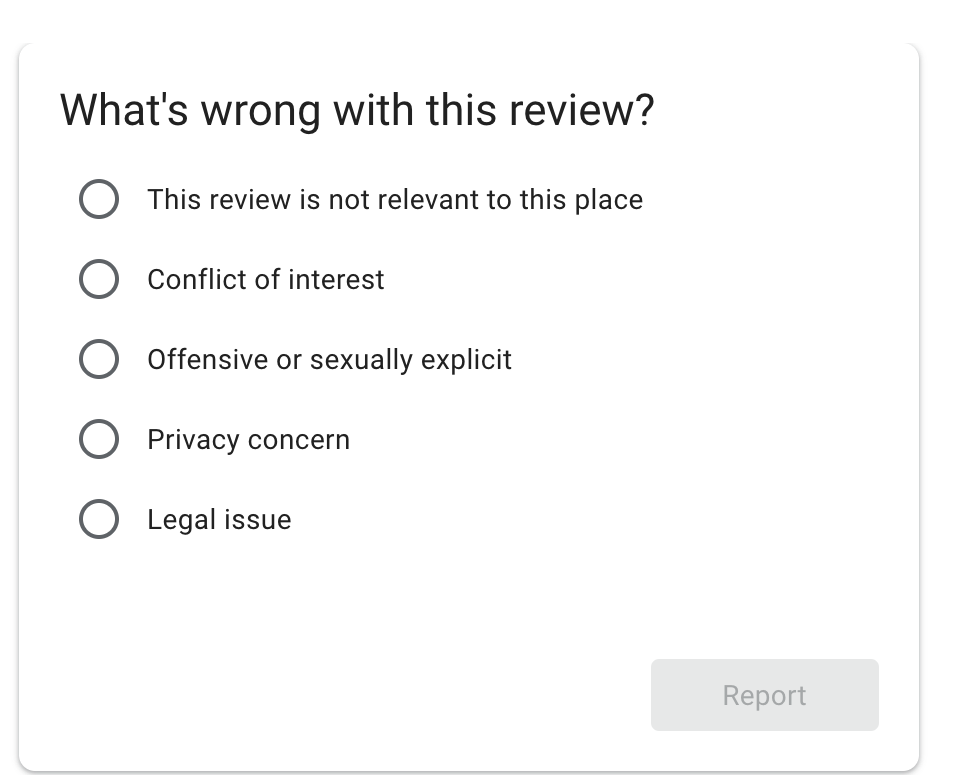 Report Google Reviews Options.