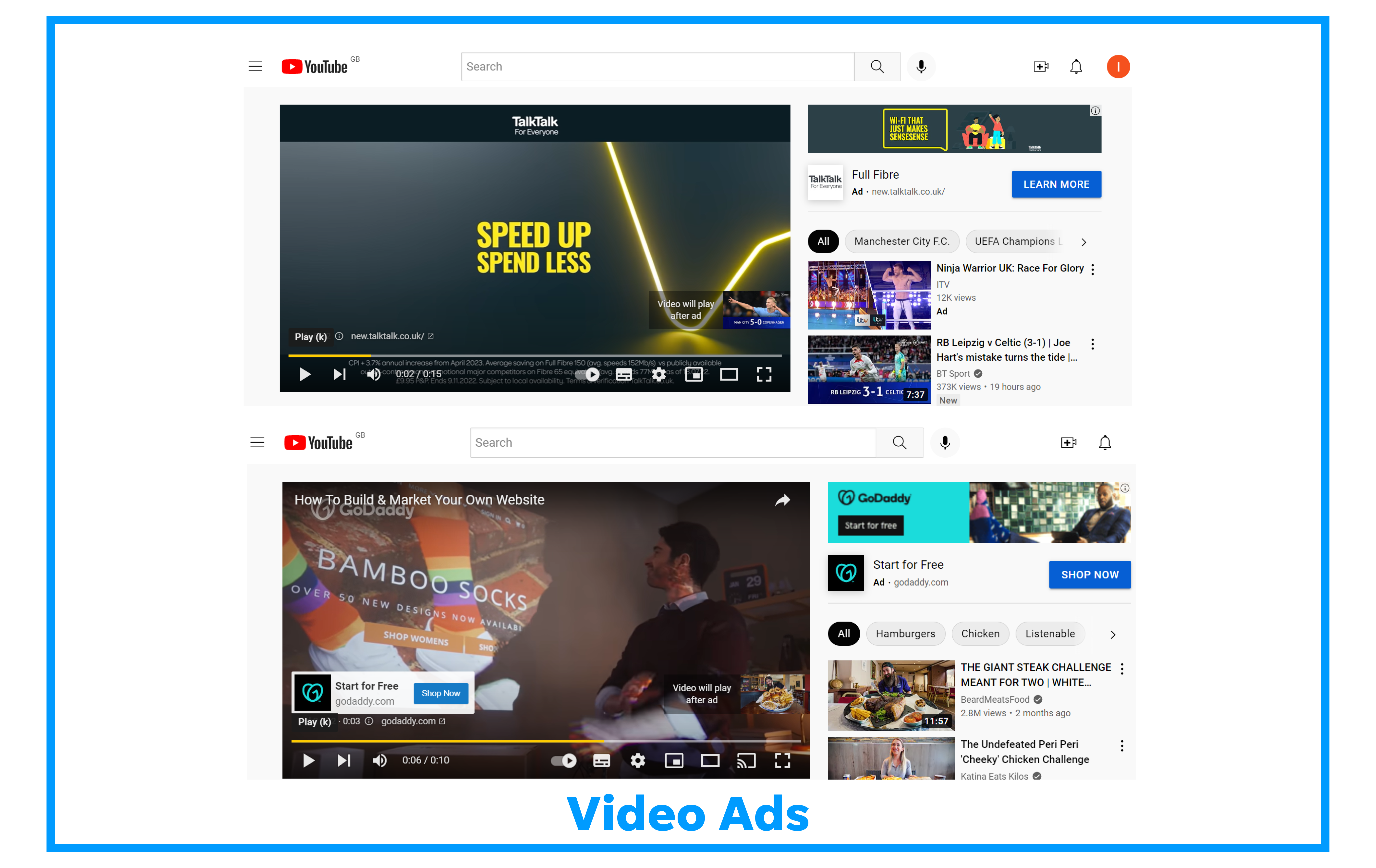 Screenshot of two examples of Youtube video ads