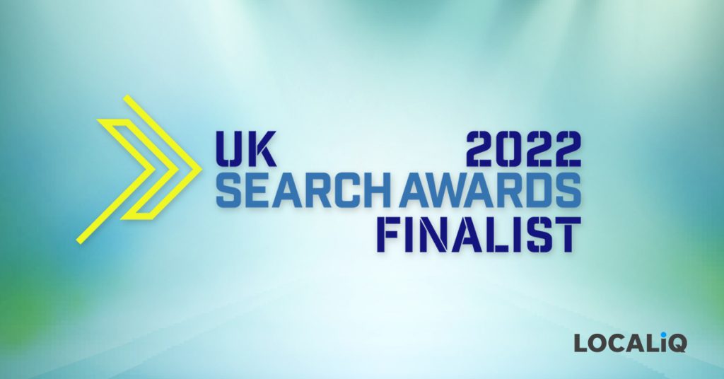 LOCALiQ are finalists in the UK Search Awards 2022. UK Search awards logo on a green faded background