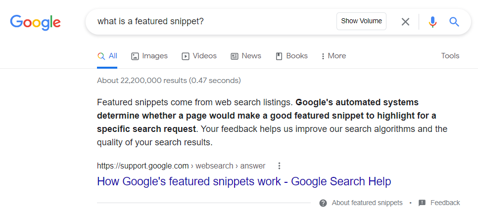 Screenshot of Google search results page with a definition of featured snippet
