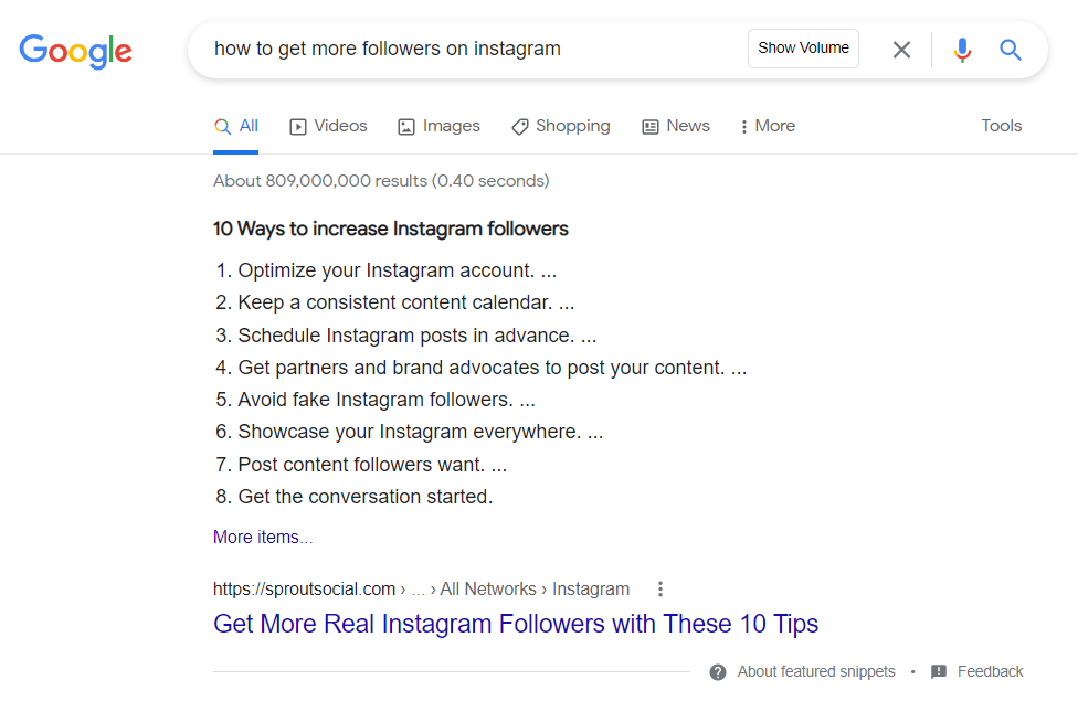 10 step list of ways to increase Instagram followers presented as a Google featured snippet