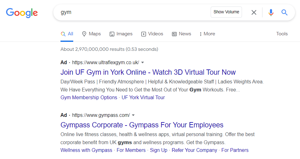 Screenshot of Google results page displaying text ads for gyms