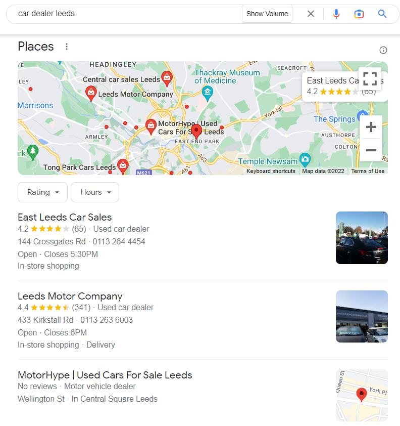 Leeds car dealers local service ads displayed on Google maps