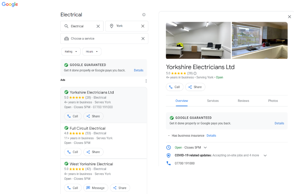 Google location pages for Yorkshire electricians ltd local service ad