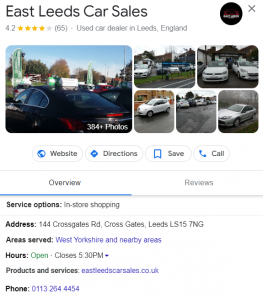 Google location pages for East Leeds Car Sales local service ad