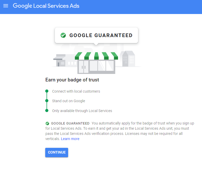 Google local service ads account set up page