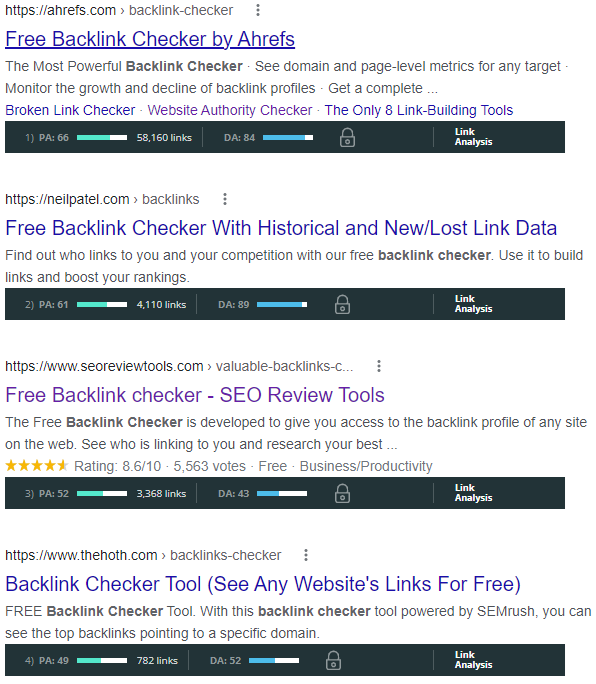 An example of Domain Authority and Backlinks taken from a page in Google