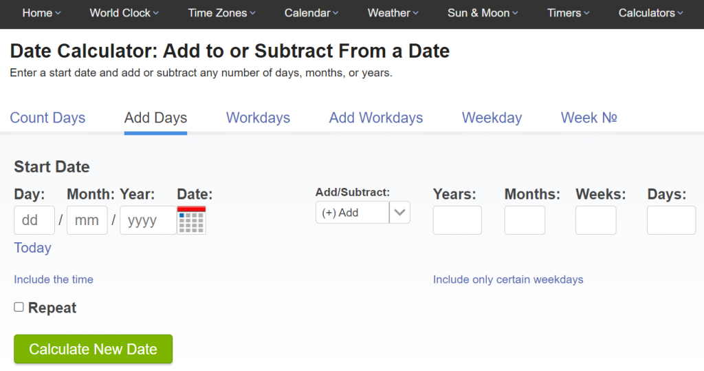 Screenshot of the date calculator website