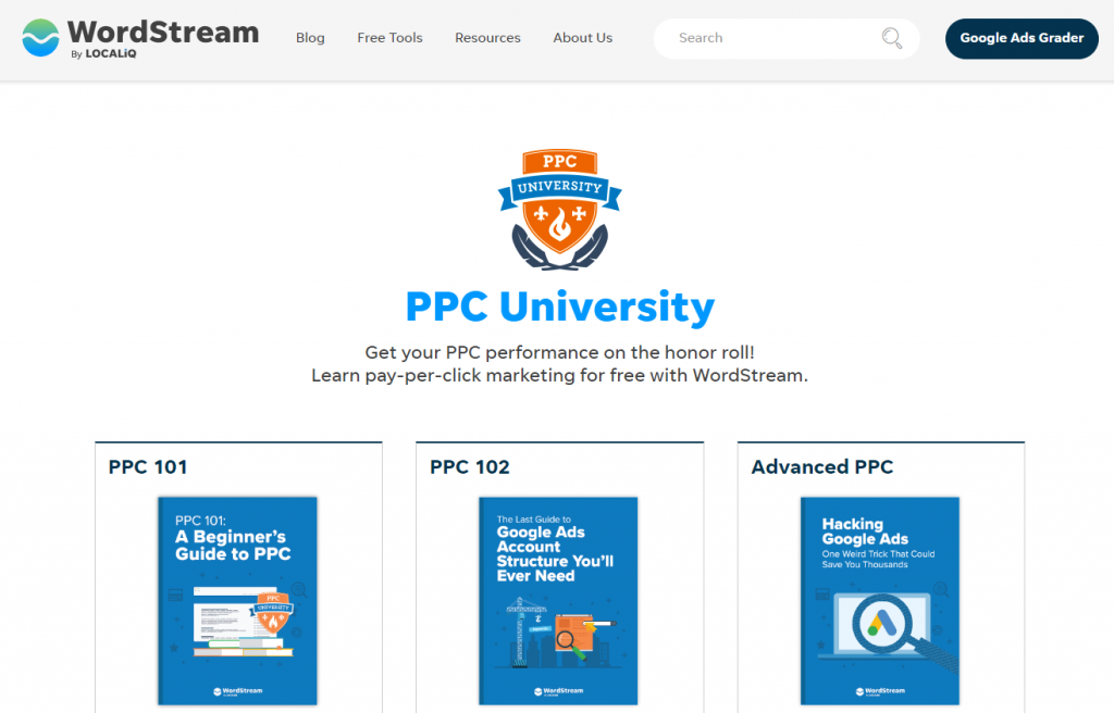 Screenshot of Wordstream PPC University website landing page