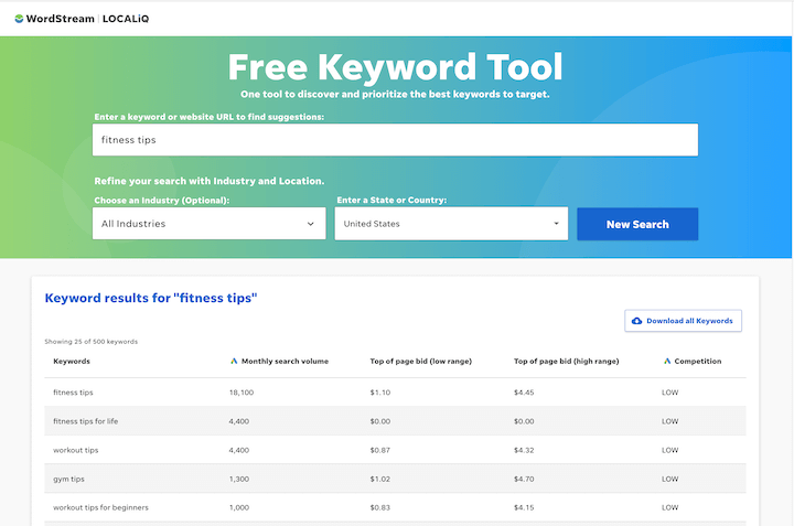 Screenshot of Wordstream free keyword tool webpage