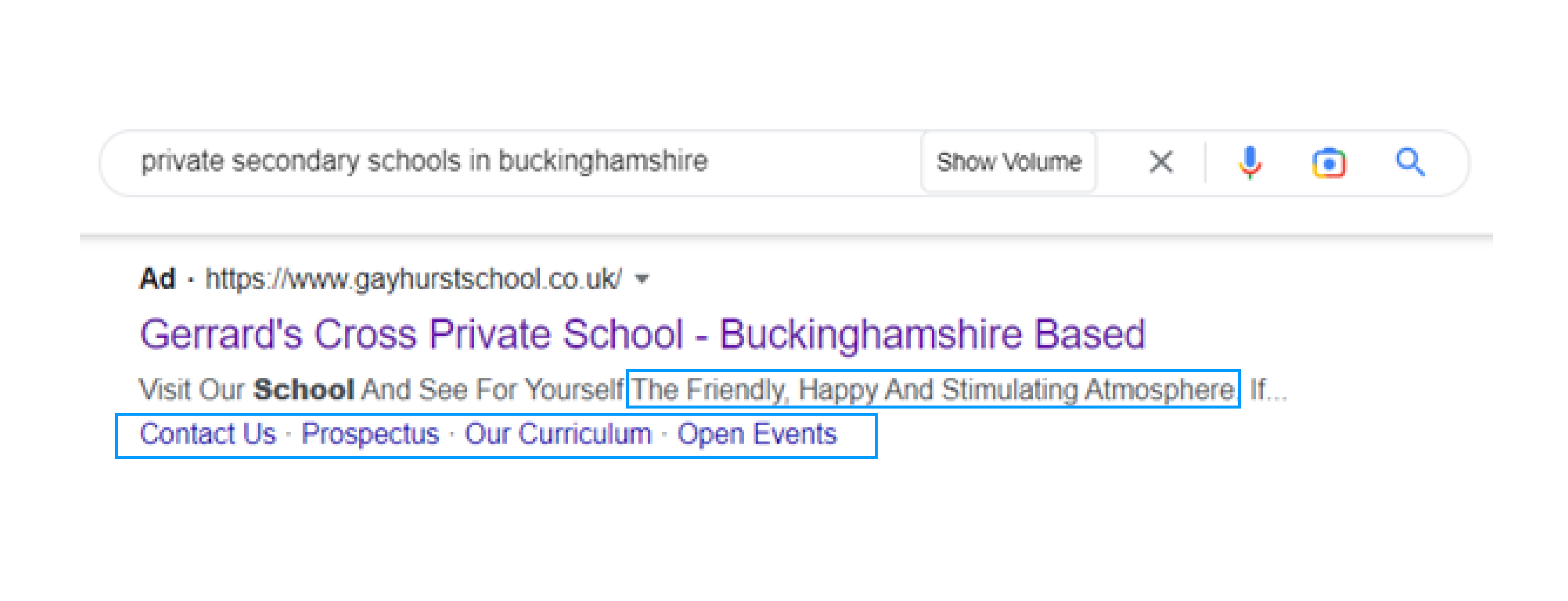 Screenshot of a Gayhurst School paid search ad on Google's search engine results page