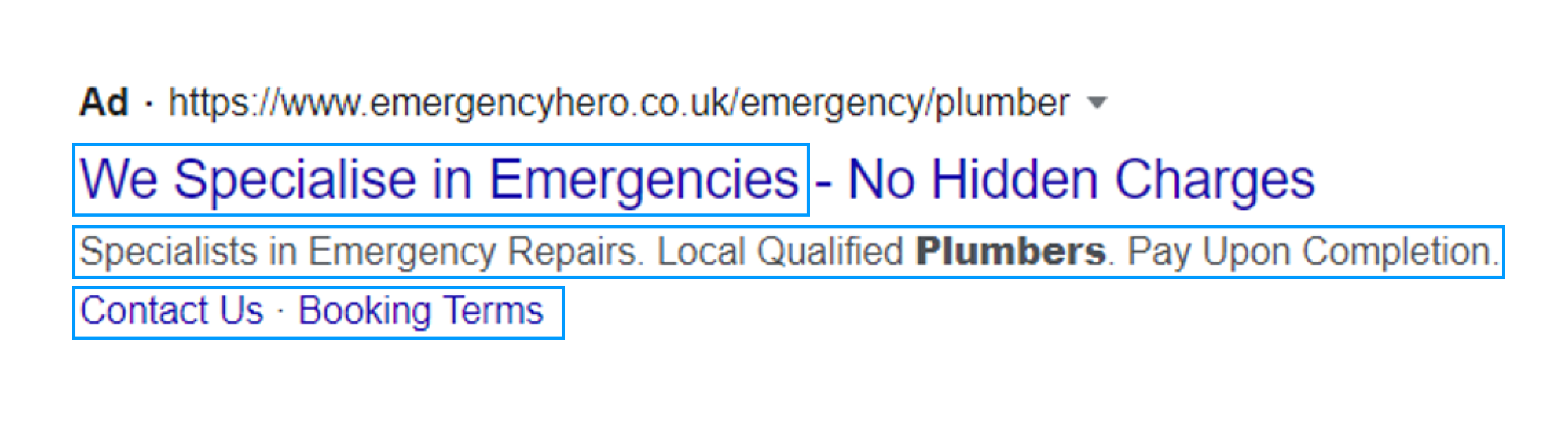 Screenshot of an Emergency Hero paid search advert