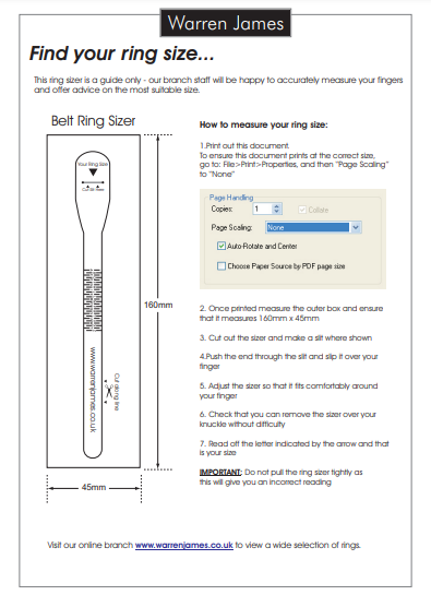 A download from Warren James showing you how to measure for a ring size