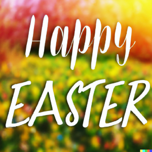 The words "happy easter" against a spring background