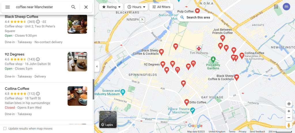 Google Maps screenshot of cafes in Manchester