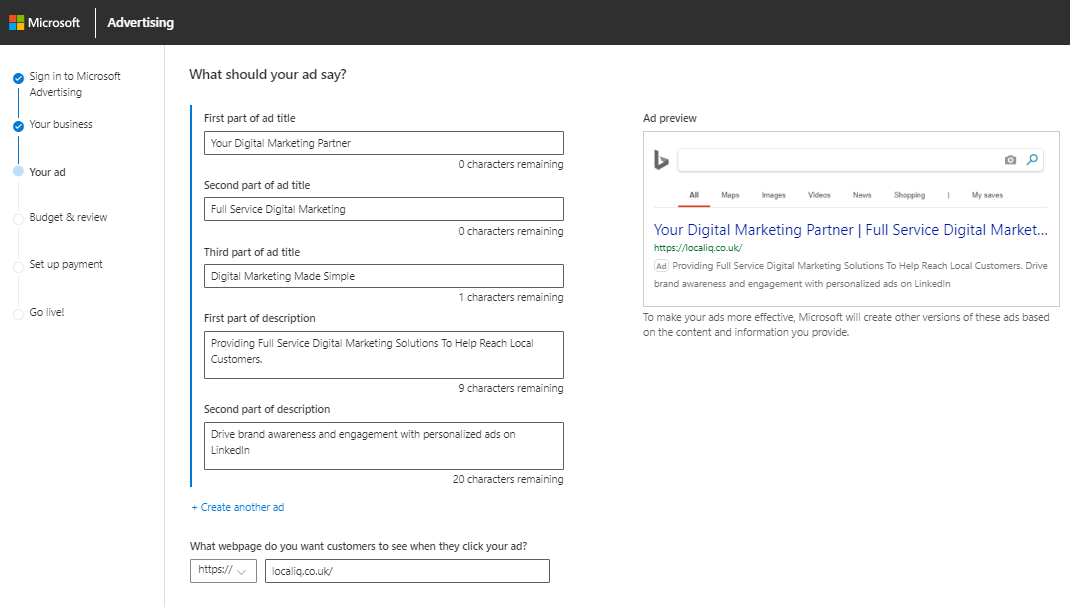 Step 5 to set up an advertising campaign on Microsoft Bing 