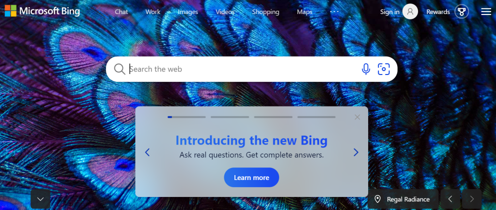 Screenshot of Bing search engine homepage