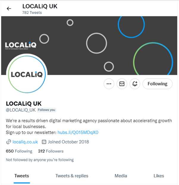 A screenshot of LOCALiQ's Twitter page