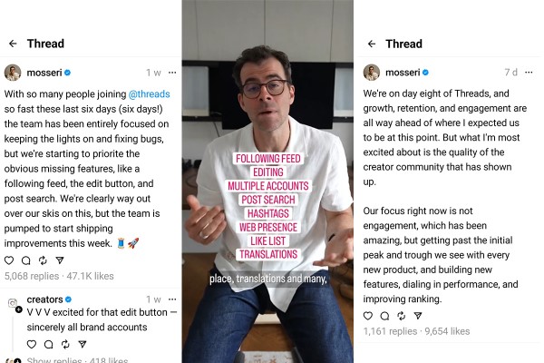 Adam Mosseri's Threads updates including follower feed, editing, multiple accounts, post search, hashtags, web presence, like list and translations
