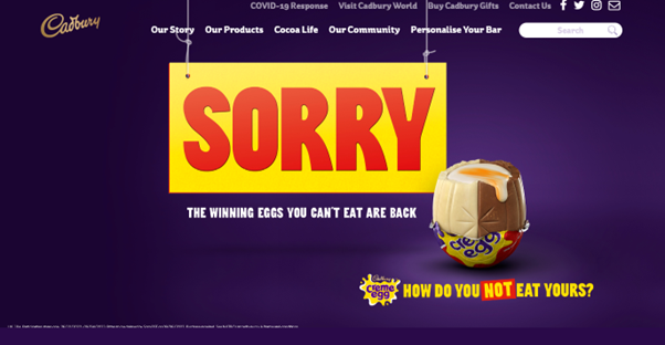 Screenshot of Cadburys webpage