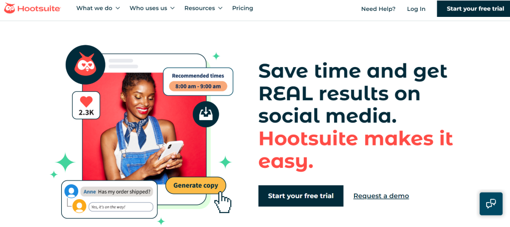 Screenshot of Hootsuite homepage