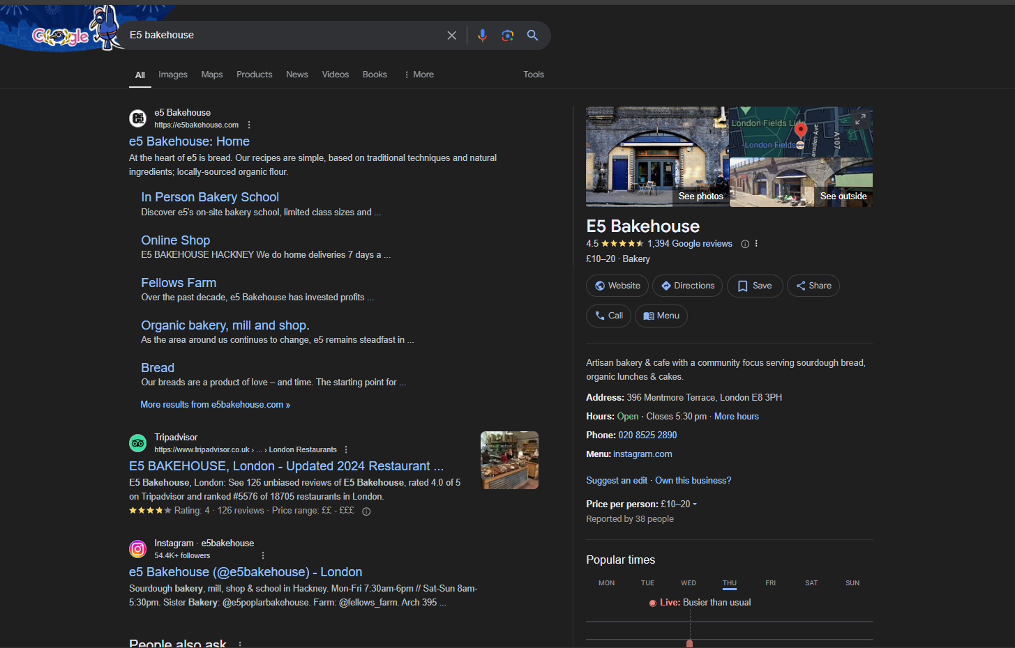 A screenshot of a Google SERP page for the keyword "E5 Bakehouse