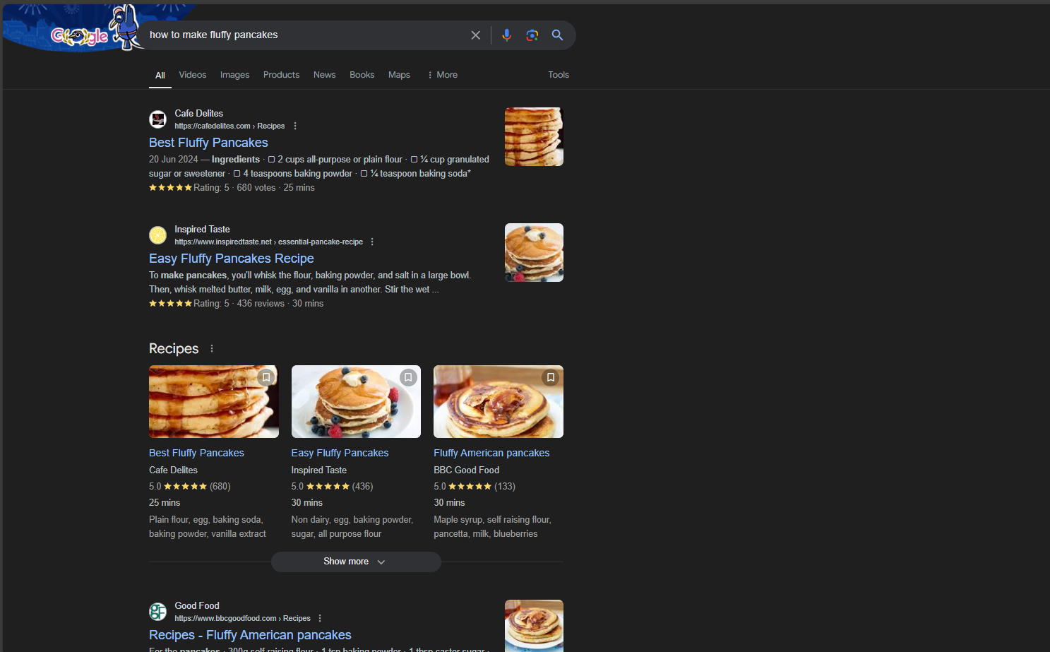 A screenshot of Google's SERPs for the search "how to make fluffy pancakes"