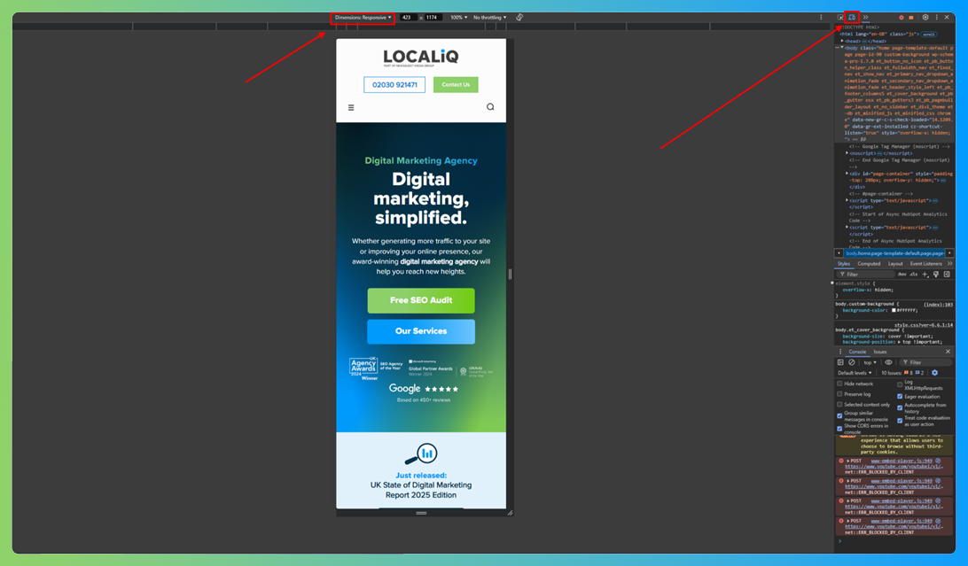 A screenshot of the LOCALiQ UK website in the developer browser window in mobile responsive mode.