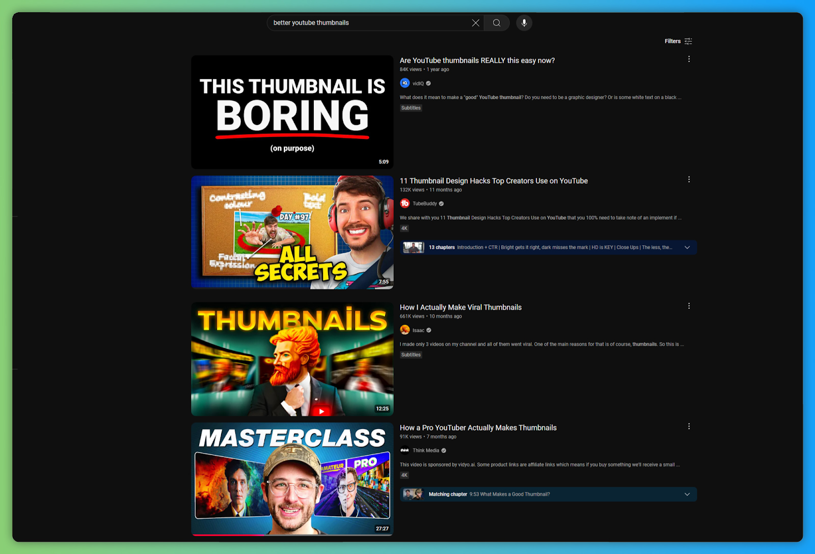 The YouTube search results for “better YouTube thumbnails