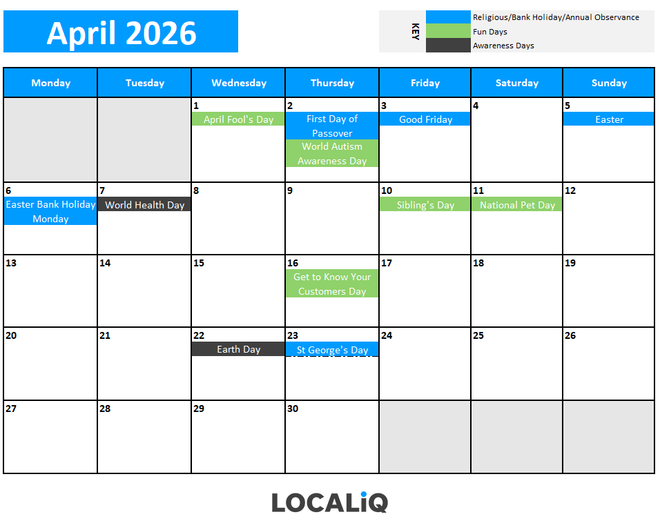Key dates for April 2026