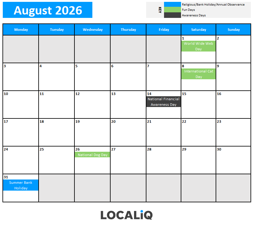 Key dates for August 2026