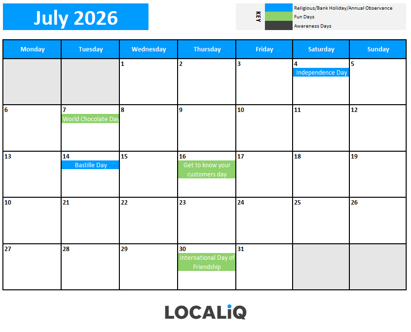 Key dates for July 2026